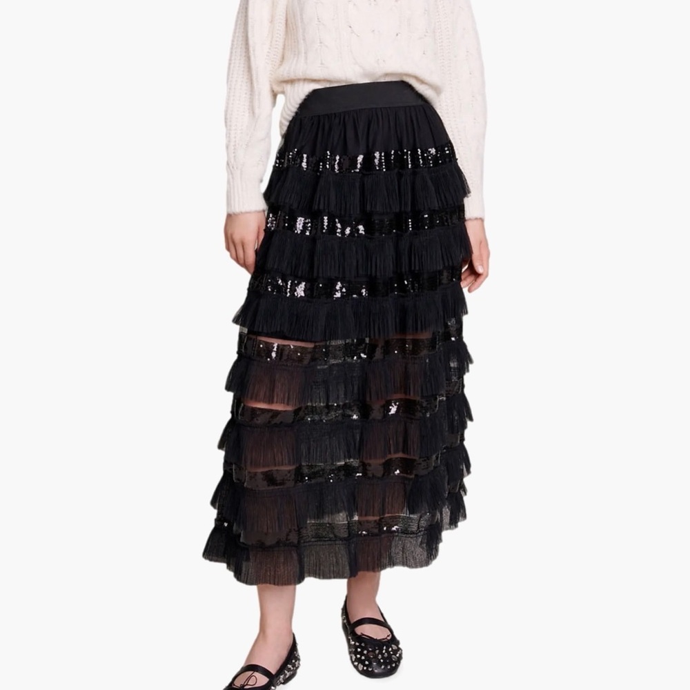 Maje Black Tiered Sequin Midi Skirt